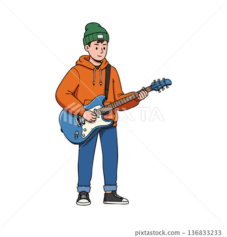 Young man playing electric guitar wearing orange hoodie green beanie and jeans casual style vector illustration 136833233
