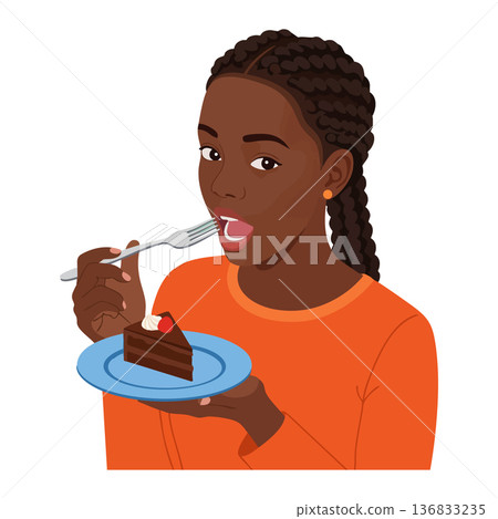 Woman eating chocolate cake with fork holding blue plate in orange shirt vector illustration Woman eating chocolate cake with fork holding blue plate in orange shirt vector illustration 136833235