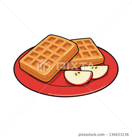 Waffles with sliced apple on red plate breakfast food vector illustration 136833236