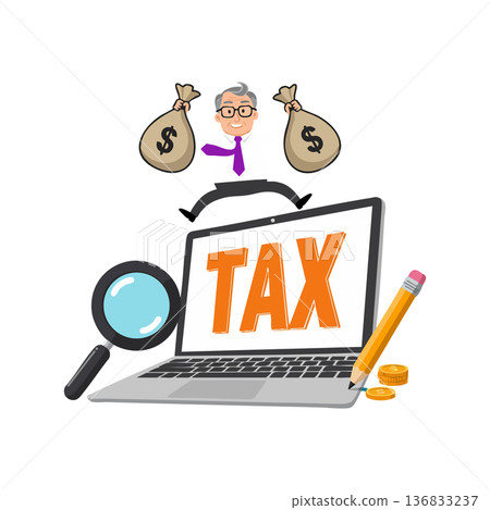 Tax concept with businessman holding money bags and laptop showing tax word with magnifier and pencil vector illustration 136833237