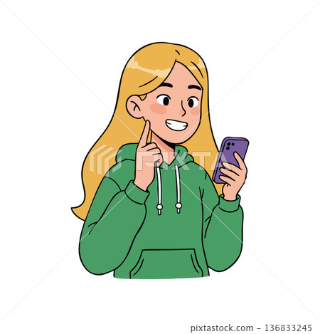 Young smiling girl using smartphone green hoodie digital communication technology vector illustration Young smiling girl using smartphone green hoodie digital communication technology vector illustration 136833245
