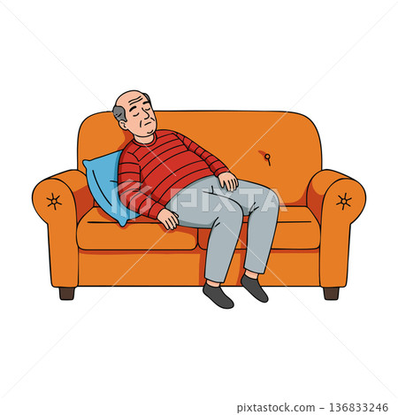 Elderly man sleeping on orange sofa in relaxed posture indoors vector illustration Elderly man sleeping on orange sofa in relaxed posture indoors vector illustration 136833246