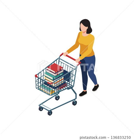 Woman pushing shopping cart filled with colorful books in casual clothing vector illustration Woman pushing shopping cart filled with colorful books in casual clothing vector illustration 136833250