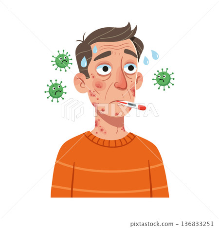 Sick man with fever and virus infection symptoms sweating and thermometer in mouth vector illustration Sick man with fever and virus infection symptoms sweating and thermometer in mouth vector illustration 136833251