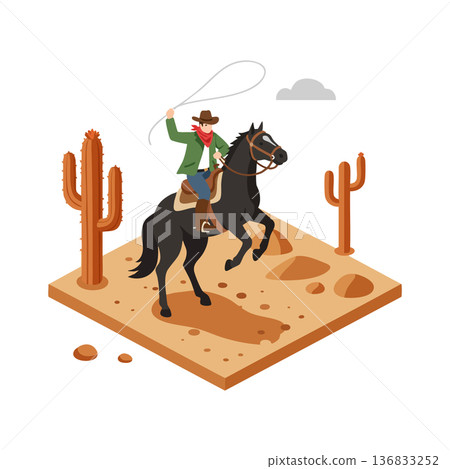 Cowboy riding black horse in desert landscape with cacti and dust vector illustration Cowboy riding black horse in desert landscape with cacti and dust vector illustration 136833252