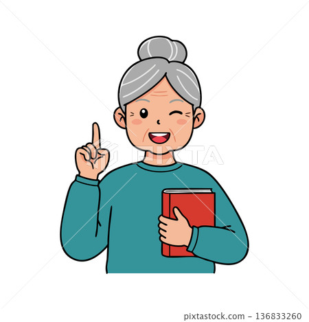 Elderly woman with gray hair holding book and pointing finger cheerful expression vector illustration Elderly woman with gray hair holding book and pointing finger cheerful expression vector illustration 136833260