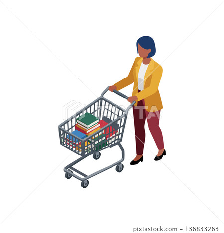 Woman pushing shopping cart full of books in isometric style vector illustration for education and shopping concept 136833263
