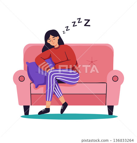 Woman sleeping on pink sofa wearing striped pants and red sweater comfortable rest vector illustration 136833264