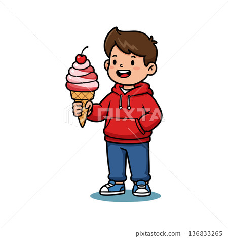 Boy holding ice cream cone with cherry on top in red hoodie and blue pants happy smiling vector illustration 136833265