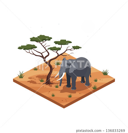 Elephant standing near acacia tree in dry savanna landscape with sparse grass vector art Elephant standing near acacia tree in dry savanna landscape with sparse grass vector art 136833269
