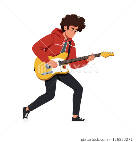 Young man playing electric guitar wearing red hoodie and black pants energetic music performance vector illustration Young man playing electric guitar wearing red hoodie and black pants energetic music performance vector illustration 136833271