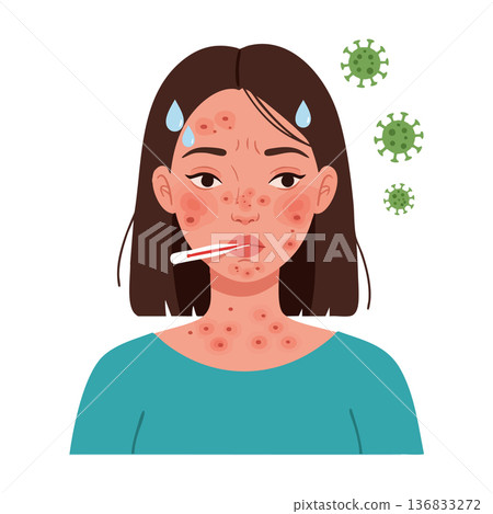 Sick woman with fever and red rash symptoms showing virus infection and illness signs vector illustration Sick woman with fever and red rash symptoms showing virus infection and illness signs vector illustration 136833272