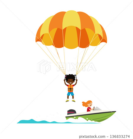 Boy parasailing over water with orange yellow parachute and boat driving in summer leisure activity vector 136833274