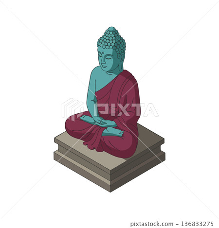 Buddha statue in meditation pose with blue skin and maroon robe sitting on stone pedestal vector illustration Buddha statue in meditation pose with blue skin and maroon robe sitting on stone pedestal vector illustration 136833275