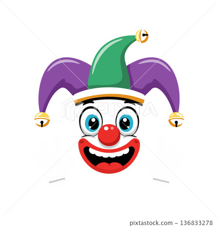Clown face with colorful jester hat and joyful expression vector illustration for festive amusement and entertainment purposes 136833278