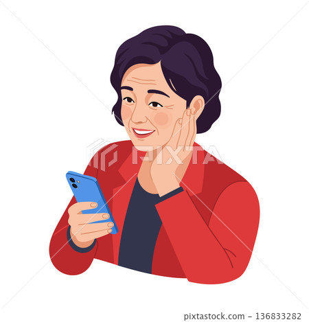 Middle aged woman using smartphone with happy expression in casual red jacket vector illustration 136833282