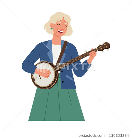 Woman playing banjo in joyful mood with blonde hair wearing blue jacket and green skirt vector illustration Woman playing banjo in joyful mood with blonde hair wearing blue jacket and green skirt vector illustration 136833284