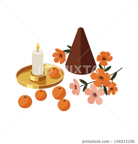 Candle with tray surrounded by oranges flowers and incense cone for cozy decoration vector illustration 136833286