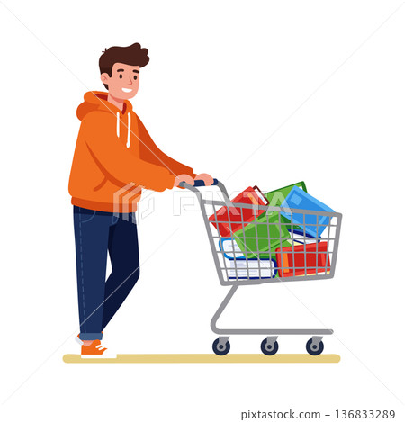 Young man shopping with cart full of colorful packages wearing orange hoodie and jeans casual style vector illustration Young man shopping with cart full of colorful packages wearing orange hoodie and jeans casual style vector illustration 136833289