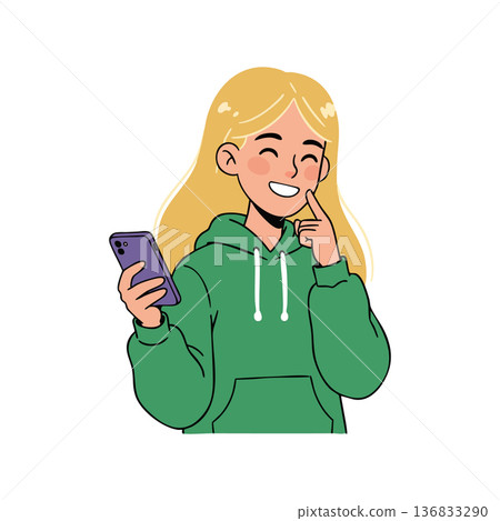 Blonde woman smiling while holding smartphone wearing green hoodie casual style cheerful expression vector illustration 136833290