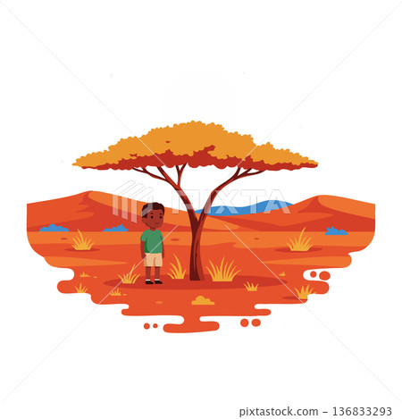 African savannah landscape with acacia tree and child standing in dry orange grass vector illustration African savannah landscape with acacia tree and child standing in dry orange grass vector illustration 136833293