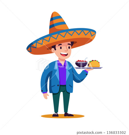 Mexican man wearing traditional sombrero serving tacos and salsa in colorful outfit cheerful vector illustration Mexican man wearing traditional sombrero serving tacos and salsa in colorful outfit cheerful vector illustration 136833302