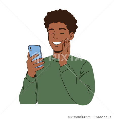 Young man with curly hair smiling while looking at smartphone in green sweater vector illustration Young man with curly hair smiling while looking at smartphone in green sweater vector illustration 136833303