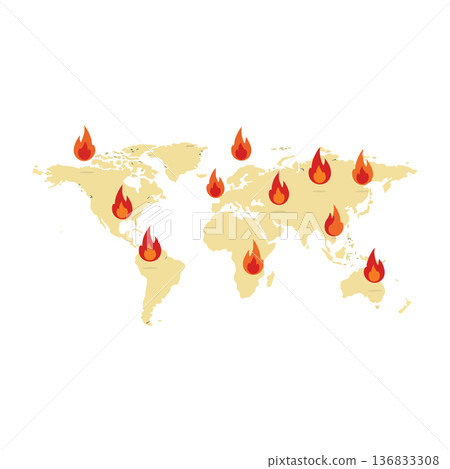 World map with red fire icons indicating global wildfire locations on beige continents vector illustration 136833308
