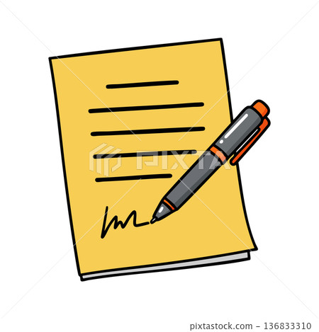 Pen signing yellow paper document with black ink signature vector illustration for business and legal use 136833310