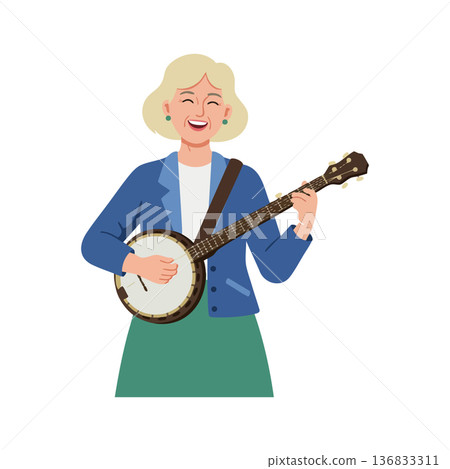 Woman playing banjo with joyful expression in casual blue jacket and green skirt vector illustration 136833311