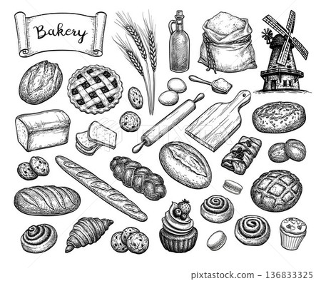 Hand Drawn Bakery Set with Bread and Pastries Hand Drawn Bakery Set with Bread and Pastries 136833325
