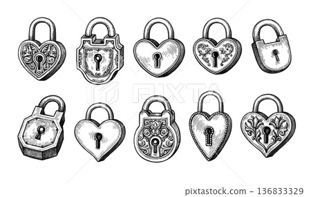Ink sketches of vintage padlocks. Big collection 136833329