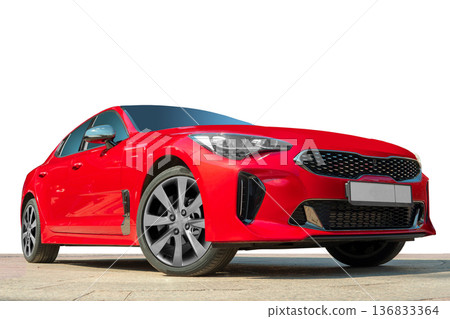 Red car on white background. Stylish, modern, bright image of the car for design solutions. 136833364