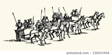 Vector drawing. Army on chariots 136833404