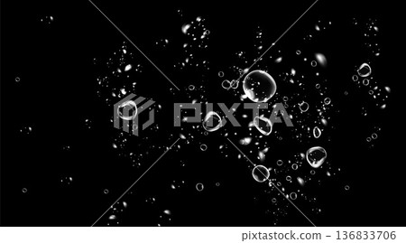 Realistic oxygen bubbles in water on a black background with fizzy sparkles and effervescent style. Transparent drops and soap bubbles create a vector texture for sea, aquarium, or fresh design Realistic oxygen bubbles in water on a black background with fizzy sparkles and effervescent style. Transparent drops and soap bubbles create a vector texture for sea, aquarium, or fresh design 136833706