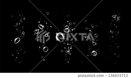 Realistic oxygen bubbles in water on a black background with fizzy sparkles and effervescent style. Transparent drops and soap bubbles create a vector texture for sea, aquarium, or fresh design Realistic oxygen bubbles in water on a black background with fizzy sparkles and effervescent style. Transparent drops and soap bubbles create a vector texture for sea, aquarium, or fresh design 136833713