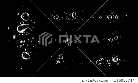 Realistic oxygen bubbles in water on a black background with fizzy sparkles and effervescent style. Transparent drops and soap bubbles create a vector texture for sea, aquarium, or fresh design Realistic oxygen bubbles in water on a black background with fizzy sparkles and effervescent style. Transparent drops and soap bubbles create a vector texture for sea, aquarium, or fresh design 136833714