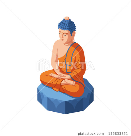 Buddha statue sitting in meditation on blue stone platform with orange robe vector illustration Buddha statue sitting in meditation on blue stone platform with orange robe vector illustration 136833851