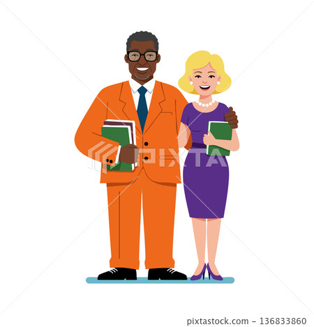 African American man in orange suit with glasses standing next to blonde woman in purple dress holding books vector illustration African American man in orange suit with glasses standing next to blonde woman in purple dress holding books vector illustration 136833860