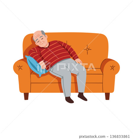 Elderly man sleeping on orange couch resting with blue pillow in casual home setting peaceful mood 136833861
