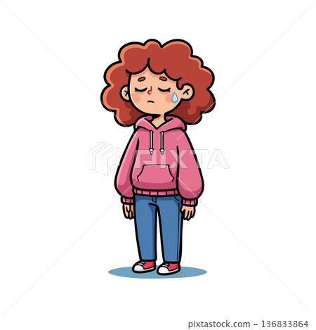 Sad girl with curly hair wearing pink hoodie and blue jeans standing alone feeling upset vector illustration Sad girl with curly hair wearing pink hoodie and blue jeans standing alone feeling upset vector illustration 136833864
