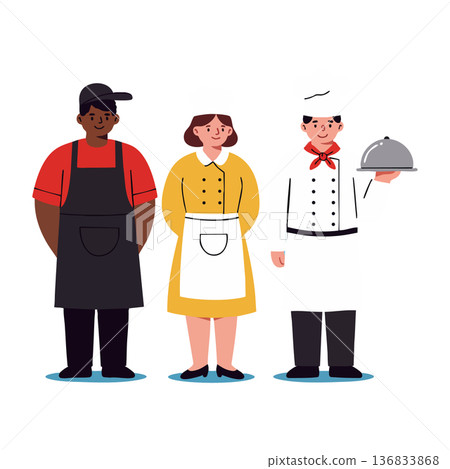 Diverse restaurant staff with chef, waiter, and waitress in uniform presenting food service teamwork concept 136833868