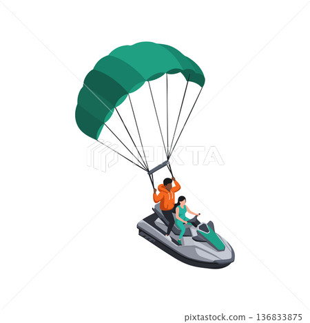Parachuting couple riding jet ski water sport adventure extreme outdoor activity vector illustration 136833875