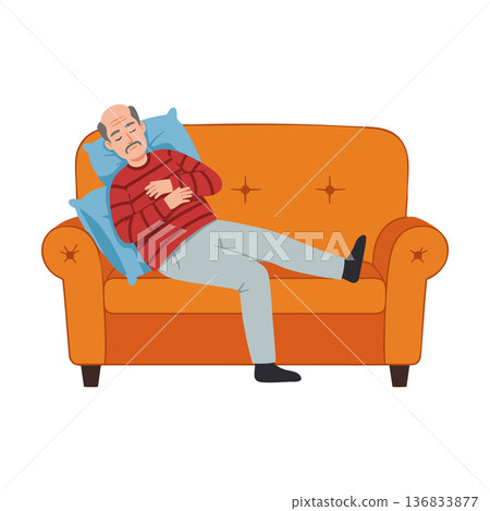 Elderly man sleeping on orange sofa with blue pillows resting peacefully indoors vector illustration Elderly man sleeping on orange sofa with blue pillows resting peacefully indoors vector illustration 136833877