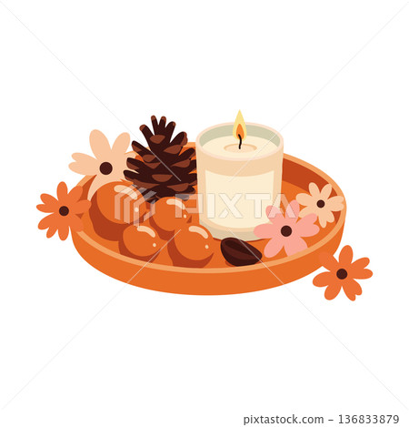 Autumn cozy decorative tray with candle pine cone flowers and nuts vector illustration for seasonal home decor Autumn cozy decorative tray with candle pine cone flowers and nuts vector illustration for seasonal home decor 136833879