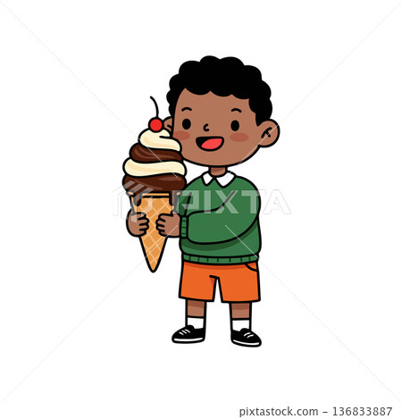 Happy boy holding large ice cream cone with chocolate and vanilla scoops and cherry on top smiling in casual clothes vector illustration Happy boy holding large ice cream cone with chocolate and vanilla scoops and cherry on top smiling in casual clothes vector illustration 136833887