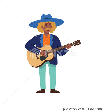 Man playing acoustic guitar wearing blue hat and jacket with orange shirt and teal pants vector illustration 136833889