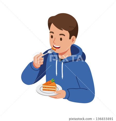 Young man eating carrot cake smiling enjoying dessert in blue hoodie casual style vector illustration Young man eating carrot cake smiling enjoying dessert in blue hoodie casual style vector illustration 136833891