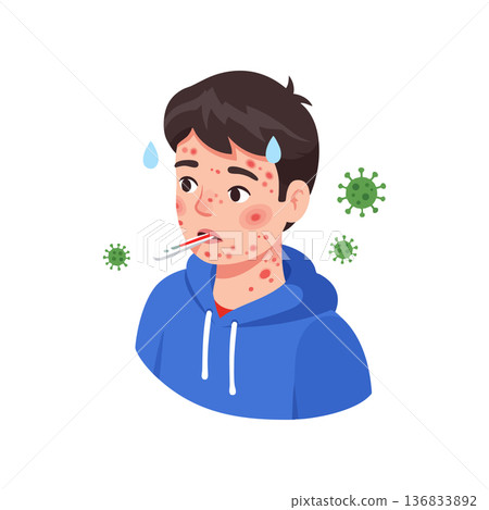 Sick boy with fever thermometer and virus particles showing symptoms of illness vector illustration Sick boy with fever thermometer and virus particles showing symptoms of illness vector illustration 136833892