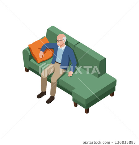 Elderly man sitting on green sofa with orange pillow in isometric home interior vector design illustration Elderly man sitting on green sofa with orange pillow in isometric home interior vector design illustration 136833893